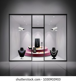 Two surveillance cameras in jewellery shop window realistic background vector illustration