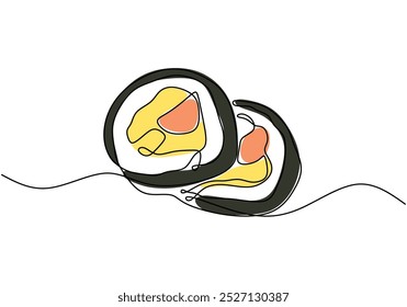 Two sushi pieces in one continuous line drawing. Minimalist design for Japanese cuisine and dining themes. Hand-drawn illustration for sushi lovers.