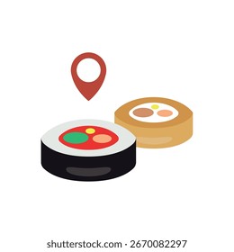 Icono de dos rollos de sushi con una ubicación de pin de mapa rojo sobre estilo plano. Ilustración vectorial.