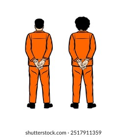 zwei Verdächtige in orangefarbenen Handschellen gekleidet, die auf die Rückseite zeigen, Vektorgrafik