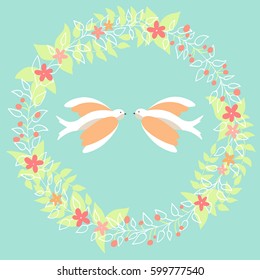Two swallow birds in a flower frame over blue background. Hand-drawn Illustration in vector. Greeting easter card