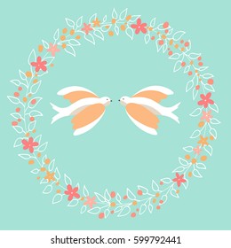 Two swallow birds in a flower frame over blue background. Hand-drawn Illustration in vector. Greeting easter card