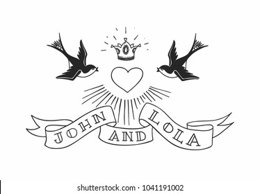 Two Swallow Birds With Heart And Crown In Tattoo Style. Vintage American Rebel Wedding Design. Vector Illustration.