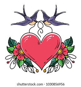 Two swallows carry red heart decorated with flowers. Old school tattoo. Holiday illustration for Valentines Day.