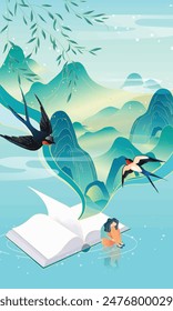 Two swallows flying in beautiful mountain scenery