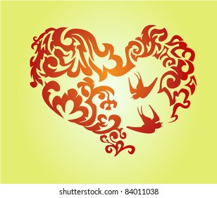 Two swallows flying in a floral heart