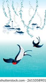 Two swallows flying under willows. Vector, vertical composition. With raining and foggy scenes as background.