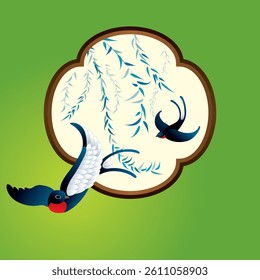 Two swallows flying under willows. Vector, with traditional window frame and plain color background.