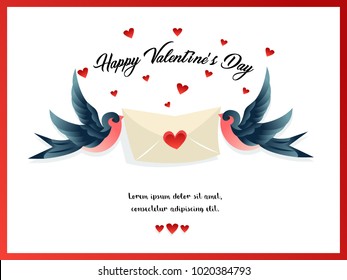 Dos golondrinas sostienen sobre el amor con espacio para el texto. Feliz Día de San Valentín. Ilustración del vector