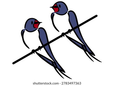 Two Swallows Perched on a Power Line. Isometric View. Bird Illustration.
