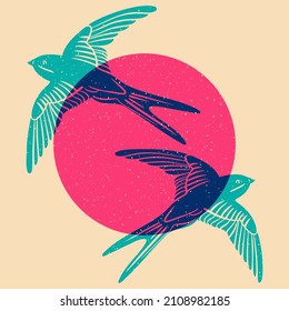 Two Swallows In Sky Flying Towards The Sun. Colorful Cute Screen Printing Effect. Riso Print Effect. Vector Illustration. Graphic Element  For Fabric, Textile, Clothing, Wrapping Paper, Wallpaper