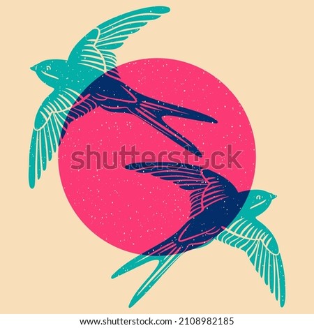 Two swallows in sky flying towards the sun. Colorful cute screen printing effect. Riso print effect. Vector illustration. Graphic element  for fabric, textile, clothing, wrapping paper, wallpaper