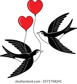 Two Swallows Soar with Love, Carried by Heart Balloons