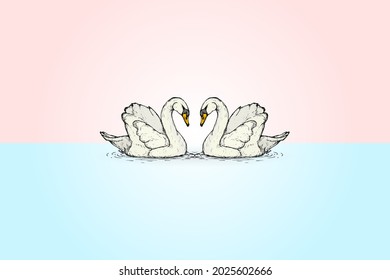 Two swan facing each other lovingly for the concept of lovebirds. Hand drawn vector illustration.