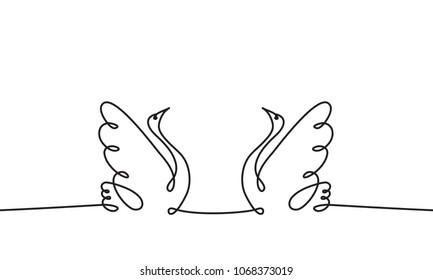 Two swans. Drawing by a continuous line. Symmetrical composition