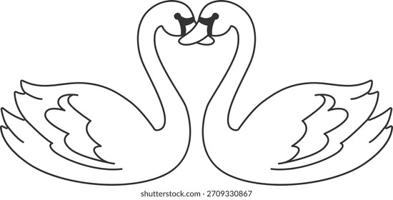 Two swans face to face in clean line art with mirrored wings and curved necks. Paired waterfowl form a heart shape using outlined contour. Cartoon vector illustration