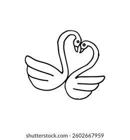 Two swans forming a heart shape with their necks, vector cartoon hand-drawn.