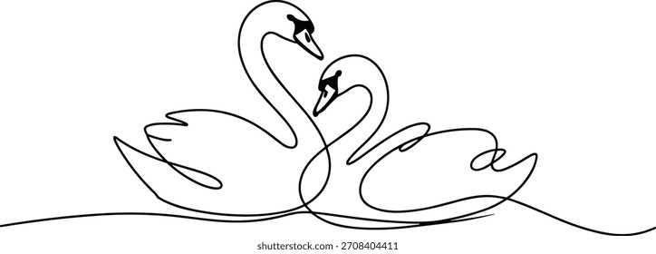 Dois cisnes formando desenho de linha contínua forma coração