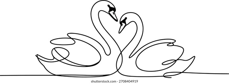 Dois cisnes formando um desenho de linha contínua forma coração
