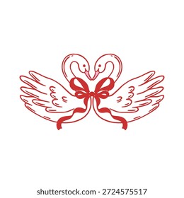Two swans forming heart shape with red ribbon bow. Cute hand drawn vector illustration for Valentine's Day. Love, romance, and wedding concept.