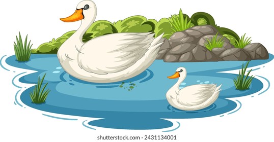 Two swans gracefully floating on tranquil water.