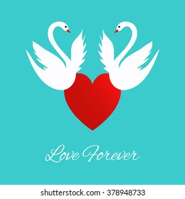 Two swans with heart greeting card. Vector illustration of love concept.