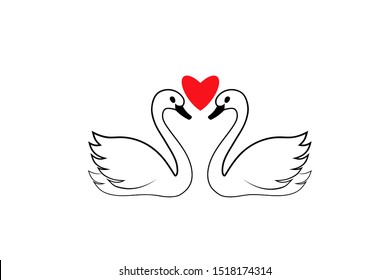 Two swans with heart outline icon. Clipart image isolated on white background