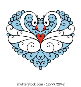Two swans in a heart shape. Pattern in heart. Hand drawing. Ornament for Valentine's day. Wedding card, invitation.