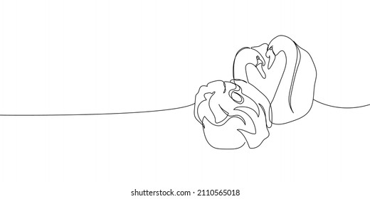 Two swans hugging continuous line drawing. One line art of time of love, couple, heart, hugging, birds, family, relationship, lovers, symbolism.