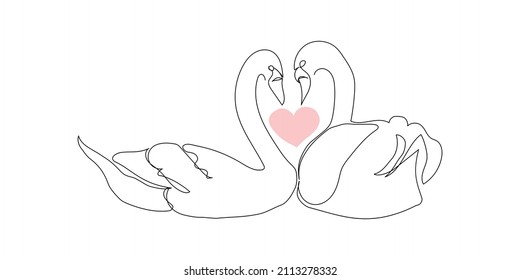 Two swans in love continuous with heart line drawing. One line art of time of love, couple, heart, hugging, birds, family, relationship, lovers, symbolism.