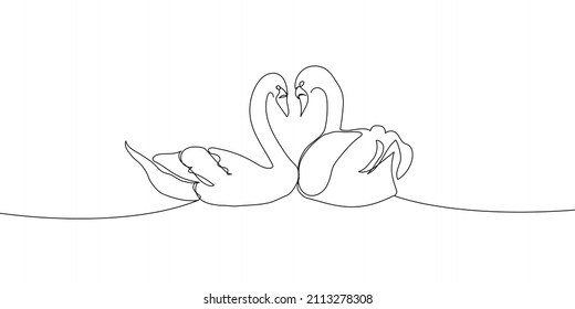 Two swans in love continuous line drawing. One line art of time of love, couple, heart, hugging, birds, family, relationship, lovers, symbolism.