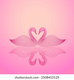 zwei Schwäne, die aus einem Strich-Art-System bestehen und einander gegenüberliegen. Rosa Tapete mit Schwänen. Symbol der Liebe. Verwenden Sie als Hintergrund für Valentinstag Poster oder andere Kunstwerke. Schwäne Sonnenuntergang Pose mit Reflexion auf Wasser