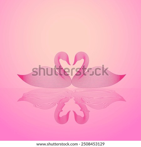 two swans made up of line art facing each other. Pink wallpaper with swans. Symbol of love. Use as background for valentines day poster or other artworks. Swans sunset pose with reflection on water