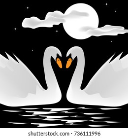 Two swans meet by the light of the moon.