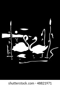 two swans on black water