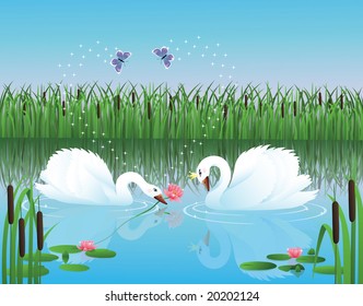 Two swans on a lake having a date. Male is presenting a flower to the female swan wearing a crown. Butterflies are drawing a heart in the air with magic sparkles.