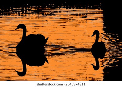 Dois cisnes na água com efeito duotônico preto e laranja claro
