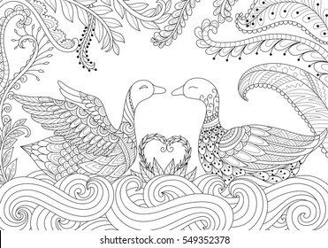 Two swans playing happily together on river for Valentine's card and adult coloring book pages. Stock vector