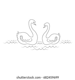 Two swans swim in the water by the pond. Birds love. Symbol of happiness. Vector illustration.
