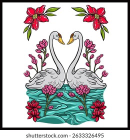  Dois cisnes nadando em uma lagoa. Página de cores para livro de cores
