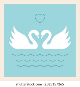 Two Swans with water waves and a heart on top iconic flat illustrations. This Multipurpose clean vector minimalist design is ready for Valentine's Day, weddings or love events