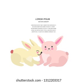 Two sweet bunnies vector illustration on white background with text frame. 