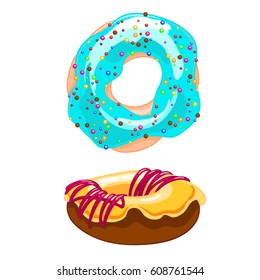 Two sweet cartoon icons donut with sprinkles, icing and watering jam. Vector illustration isolated on white. T-shirt printing.