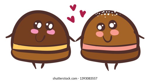 Two sweet chocolate truffles holding hands in love vector color drawing or illustration