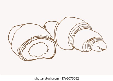 Two sweet croissants, vector sepia illustration,sketch