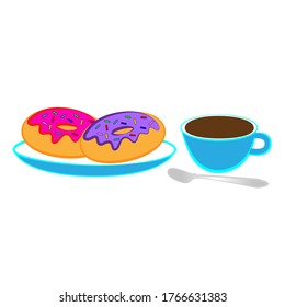 Zwei süße Donuts mit Eis und eine Tasse Tee einzeln auf weißem Hintergrund.