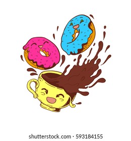 Two sweet donuts laugh and jump into the spray of coffee