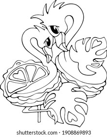 Two sweet flamingos in tender hugs, line vector stock illustration for children coloring books, pages, postcards, greeting or invitation cards, stickers, prints or logo, web design or apps