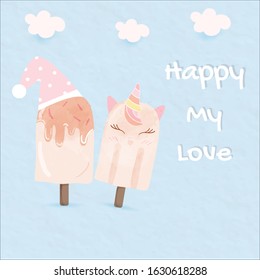 two sweet popsicle chocolate ice cream put on blue sky background.they are decorated by party hat and unicorn face.design for cute bakery lover cafe.template happy birthday card invitation food shop.