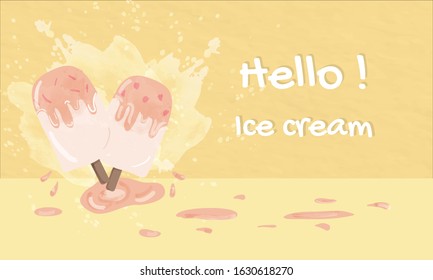 two sweet popsicle ice cream water color design background put on yellow pastel paper.they are melting.dessert lover is happy.cute cover for bakery food yummy shop.decoration with white wording.